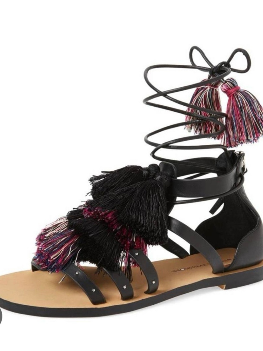 NWT Rebecca Minkoff “Elisha” Sandals, Black Leather/Multicolor Tassels, Size 7
